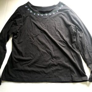 Westbound II Black Long Sleeve Purple Gem Neckline Floral Top 1X A2962
